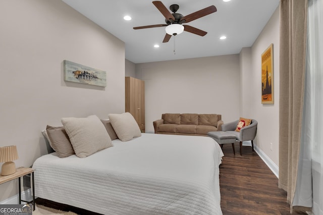 bedroom featuring recessed lighting, baseboards, ceiling fan, and wood finished floors