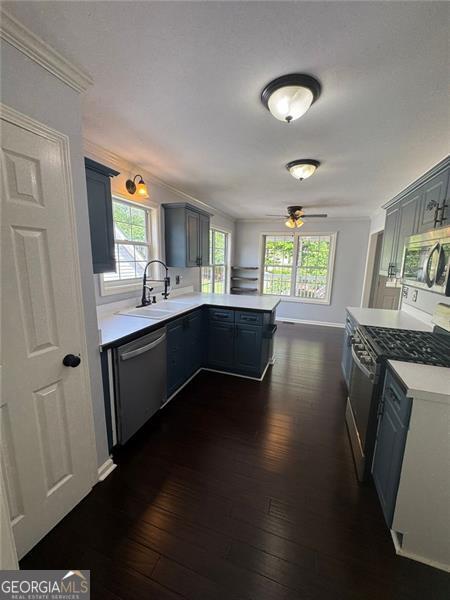 955 Tributary Way, Dacula, GA 30019 - kitchen featuring stainless steel appliances, a peninsula, ceiling fan, and dark wood-style flooring