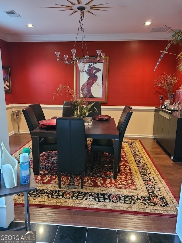 4955 Highland Lakes Dr, South Fulton, GA 30349 - dining area featuring recessed lighting, wood finished floors, ornamental molding, a wainscoted wall, and visible vents