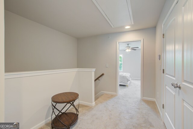 8714 Lakeview Commons Lot 48, Jonesboro, GA 30238 - hallway featuring light colored carpet, attic access, an upstairs landing, recessed lighting, and baseboards