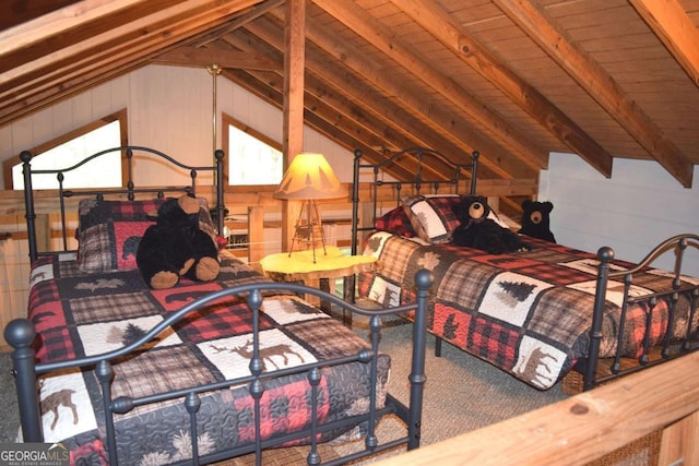 767 Robertson Cir, Blairsville, GA 30512 - carpeted bedroom featuring wood walls and wooden ceiling