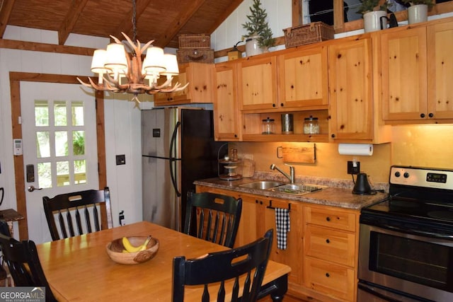 767 Robertson Cir, Blairsville, GA 30512 - kitchen featuring stainless steel appliances, a sink, a chandelier, wooden ceiling, and open shelves