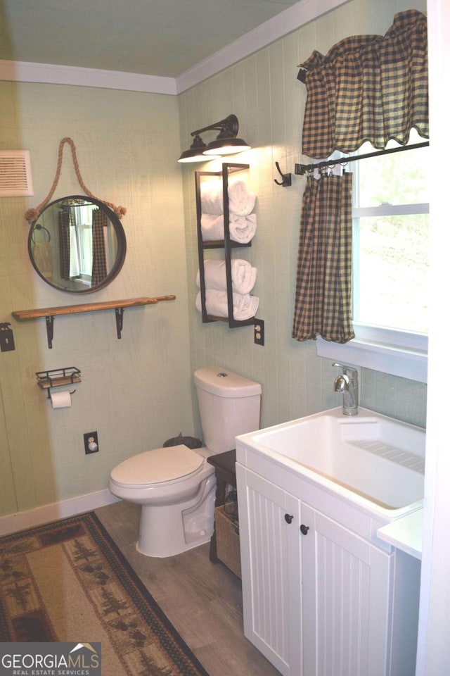 767 Robertson Cir, Blairsville, GA 30512 - bathroom featuring toilet, wood finished floors, vanity, and ornamental molding