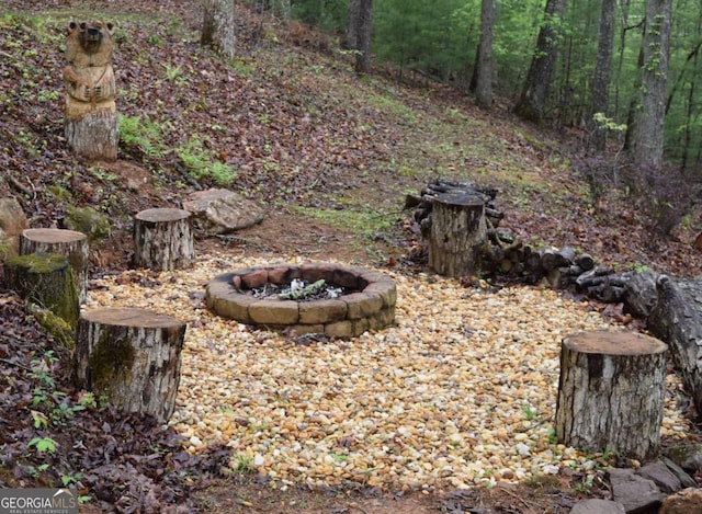 767 Robertson Cir, Blairsville, GA 30512 - view of yard featuring an outdoor fire pit and a wooded view