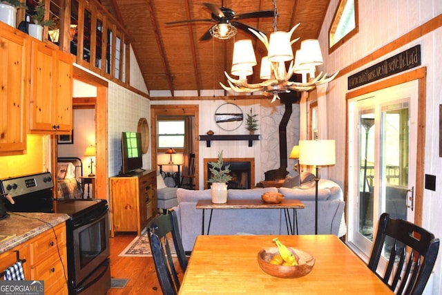 767 Robertson Cir, Blairsville, GA 30512 - dining room featuring wood finished floors, wood ceiling, a chandelier, a ceiling fan, and a wood stove