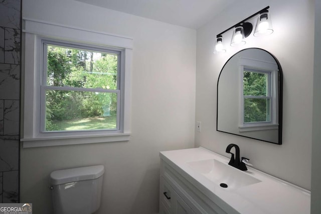 bathroom with plenty of natural light, toilet, and vanity