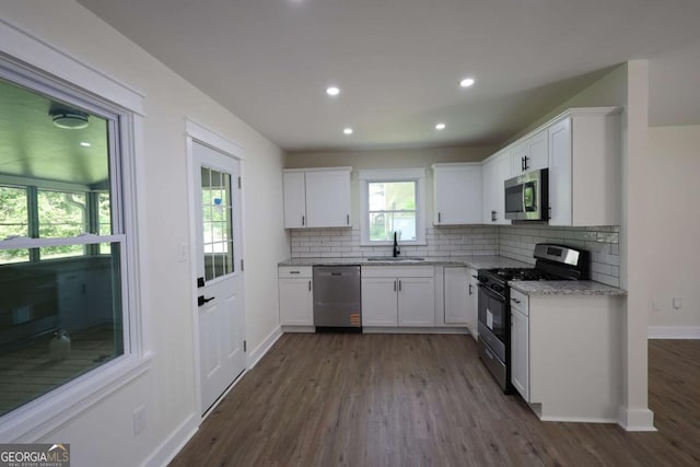 kitchen featuring a sink, white cabinetry, dark wood-style floors, and stainless steel appliances