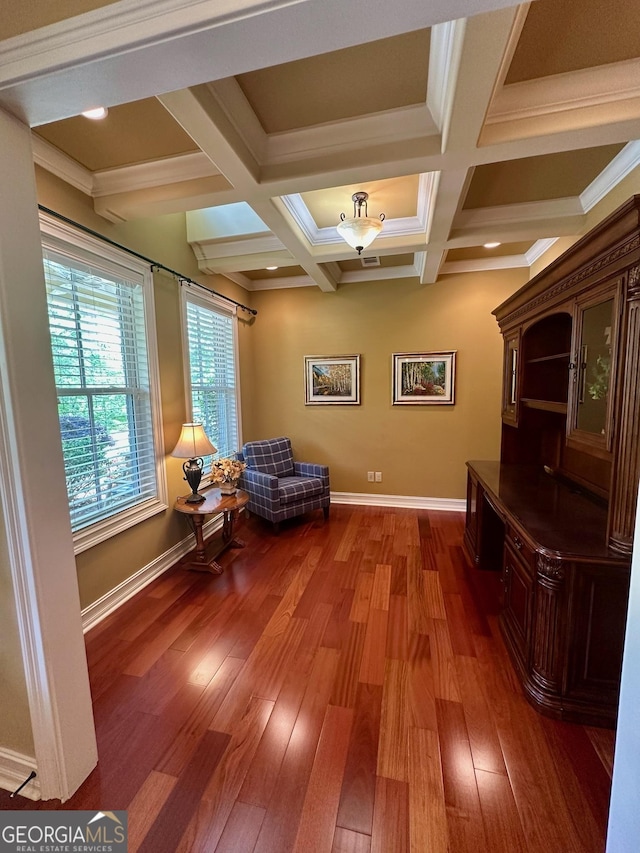 3397 Holly Glen Dr, Dacula, GA 30019 - living area with baseboards, coffered ceiling, and dark wood-style floors