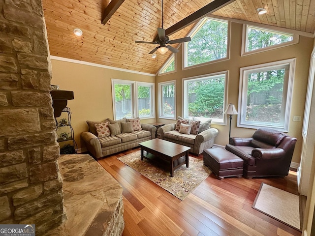 3397 Holly Glen Dr, Dacula, GA 30019 - living room featuring ceiling fan, wood ceiling, hardwood / wood-style flooring, and high vaulted ceiling