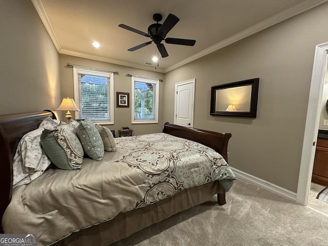 3397 Holly Glen Dr, Dacula, GA 30019 - carpeted bedroom with crown molding, baseboards, a ceiling fan, and recessed lighting