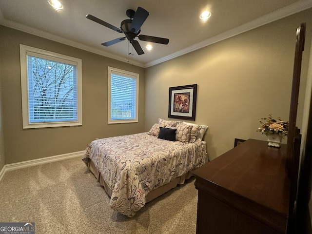 3397 Holly Glen Dr, Dacula, GA 30019 - carpeted bedroom with baseboards, recessed lighting, ceiling fan, and ornamental molding
