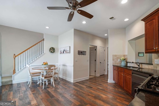 kitchen with recessed lighting, a sink, ceiling fan, and dark wood-style floors