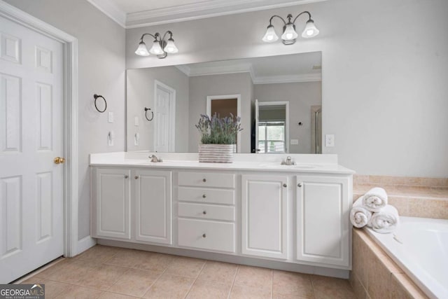 bathroom with a sink, tile patterned floors, ornamental molding, and a stall shower