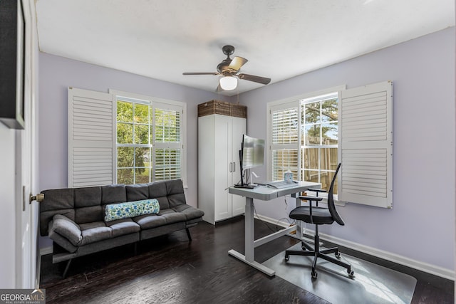620 Clearbrook Ct, Marietta, GA 30068 - office area featuring a ceiling fan, healthy amount of natural light, and dark wood-type flooring