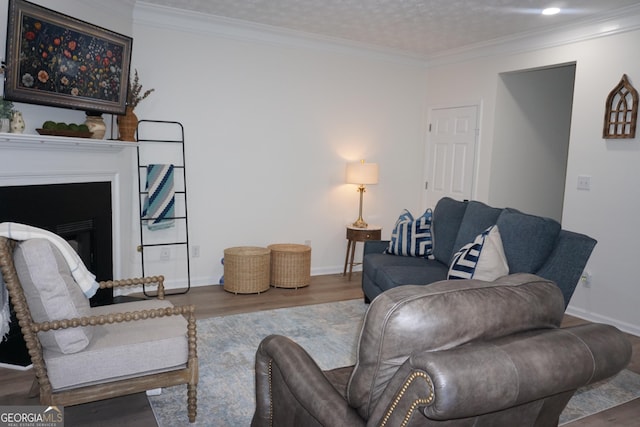 2566 Summit Cove Dr, Duluth, GA 30097 - living area with wood finished floors, ornamental molding, baseboards, and a fireplace
