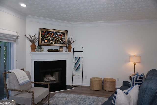 2566 Summit Cove Dr, Duluth, GA 30097 - living room with crown molding, wood finished floors, a fireplace with raised hearth, a textured ceiling, and baseboards