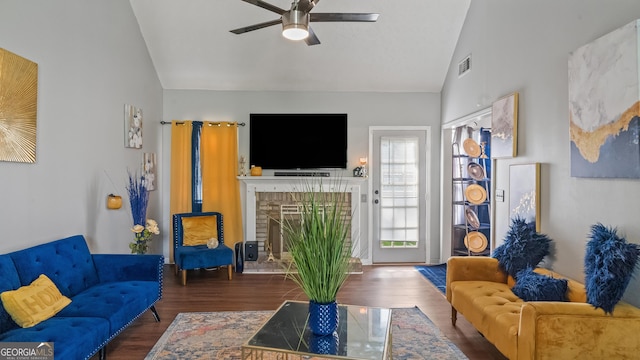 1401 Aberdeen Ct, Mcdonough, GA 30253 - living room featuring visible vents, a ceiling fan, wood finished floors, and high vaulted ceiling