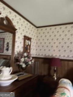 376 Paoli Rd, Carlton, GA 30627 - bathroom with wallpapered walls and a wainscoted wall