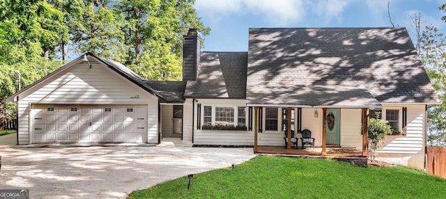 276 Greentree Pkwy, Macon, GA 31220 - view of front of property with a chimney, a front yard, roof with shingles, a garage, and concrete driveway