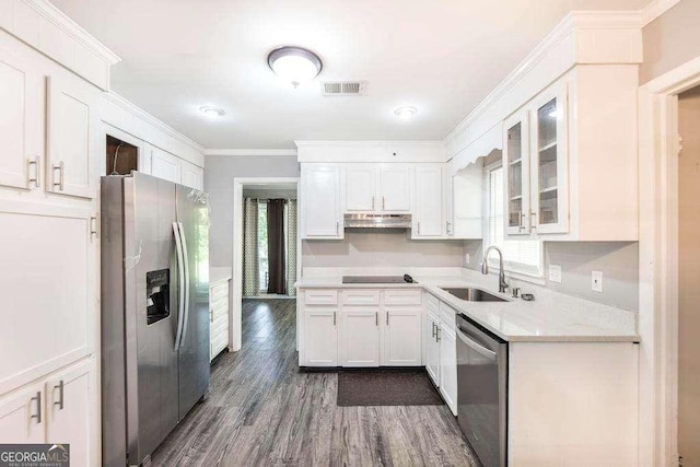 kitchen featuring visible vents, dark wood-style flooring, under cabinet range hood, a sink, and stainless steel appliances