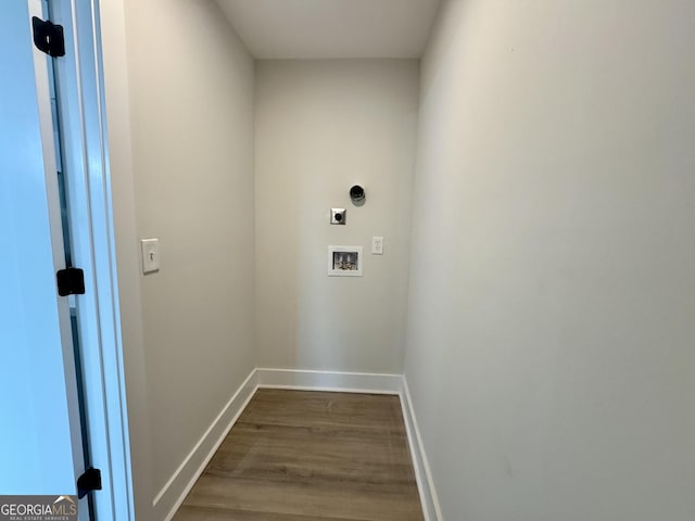 101 Newsome St, Union Point, GA 30669 - washroom featuring electric dryer hookup, dark wood finished floors, washer hookup, and baseboards