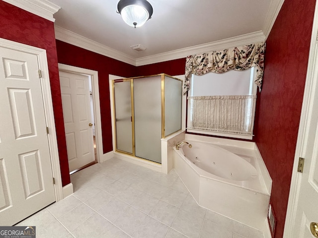 bathroom with tile patterned floors, a stall shower, ornamental molding, and a jetted tub