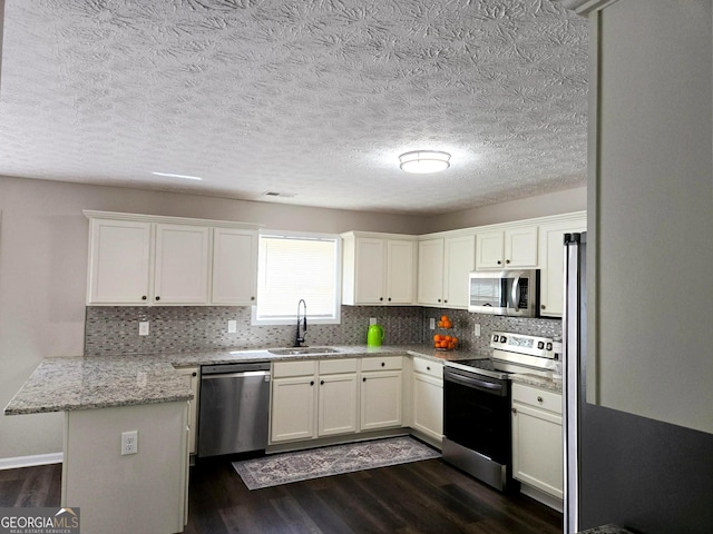 kitchen featuring tasteful backsplash, a sink, appliances with stainless steel finishes, dark wood-style flooring, and a peninsula