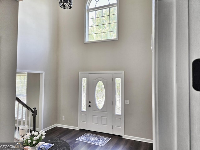 entryway featuring dark wood-type flooring, baseboards, and a high ceiling