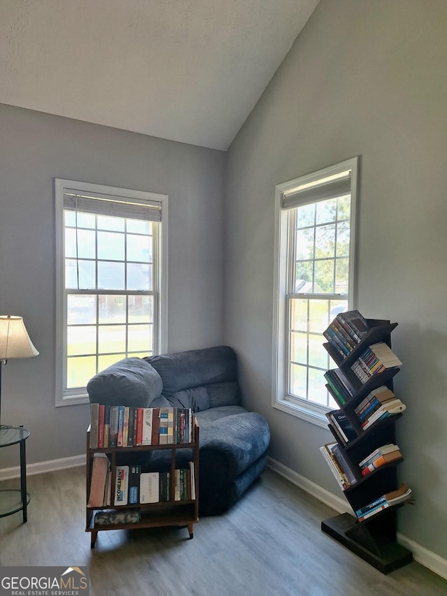 sitting room featuring vaulted ceiling, a wealth of natural light, and baseboards