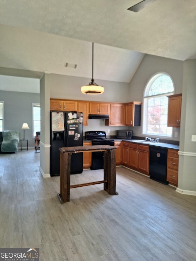 kitchen featuring a healthy amount of sunlight, visible vents, black appliances, and light wood-type flooring