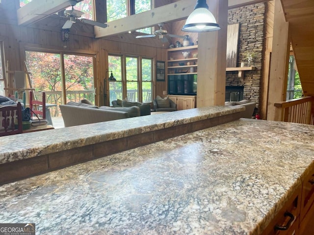 296 Fairview Ct, Jasper, GA 30143 - living room featuring wooden walls, a fireplace, a ceiling fan, and a healthy amount of sunlight