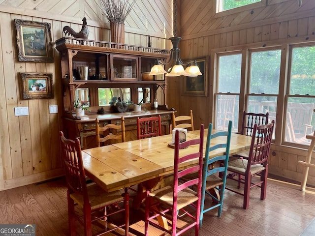 296 Fairview Ct, Jasper, GA 30143 - dining area with wooden walls, wood finished floors, and lofted ceiling with skylight