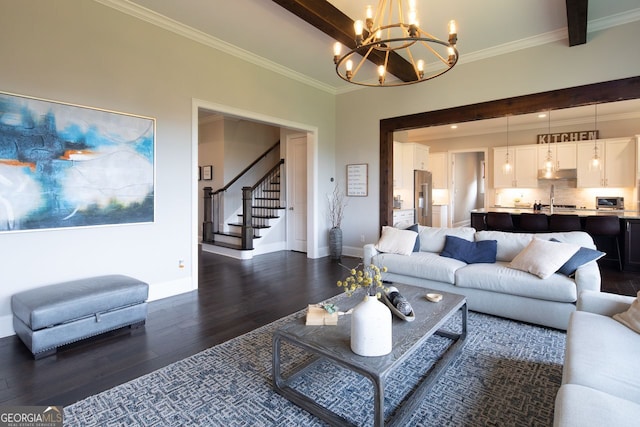 living room with baseboards, an inviting chandelier, ornamental molding, stairs, and dark wood-type flooring