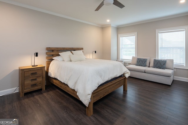 bedroom with recessed lighting, dark wood-style flooring, crown molding, and baseboards