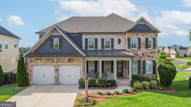 craftsman inspired home with a porch, driveway, stone siding, and a standing seam roof