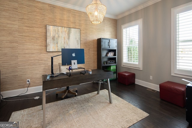 office area featuring baseboards, dark wood-style flooring, plenty of natural light, and an inviting chandelier