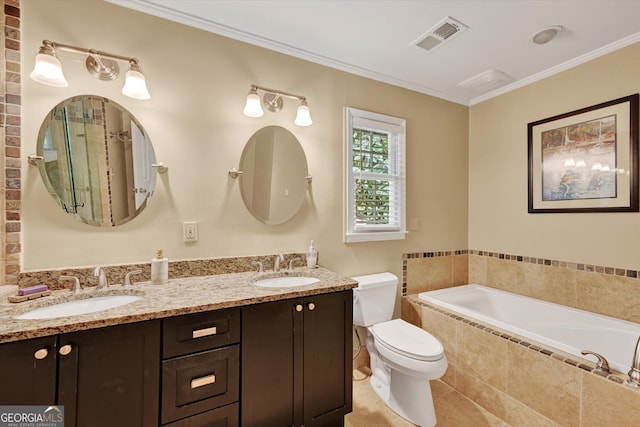 bathroom featuring a sink, toilet, a garden tub, and visible vents