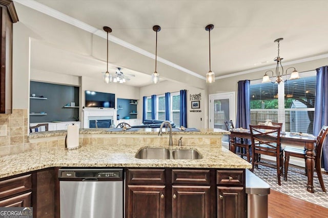 2376 Roberts View Trl, Buford, GA 30519 - kitchen with wood finished floors, a sink, stainless steel dishwasher, and dark brown cabinetry