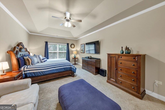 2376 Roberts View Trl, Buford, GA 30519 - bedroom featuring a tray ceiling, ceiling fan, ornamental molding, and carpet floors