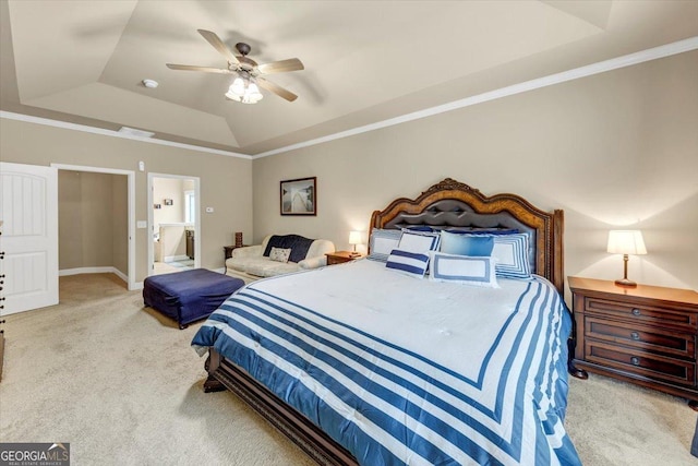 2376 Roberts View Trl, Buford, GA 30519 - bedroom featuring connected bathroom, a ceiling fan, carpet floors, crown molding, and a raised ceiling