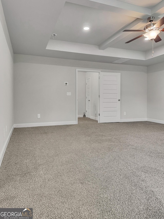 spare room featuring carpet flooring, a ceiling fan, baseboards, recessed lighting, and beamed ceiling