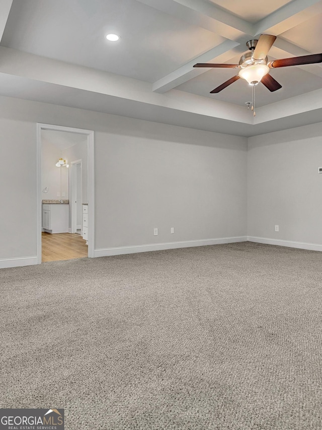 unfurnished room with ceiling fan, beam ceiling, baseboards, light carpet, and recessed lighting