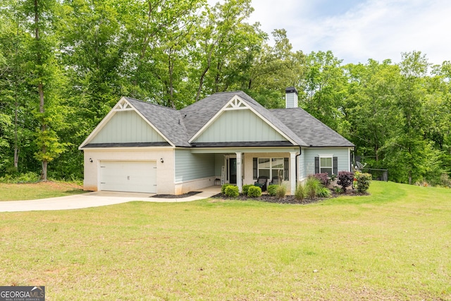 view of front of house featuring a chimney, a shingled roof, board and batten siding, an attached garage, and driveway