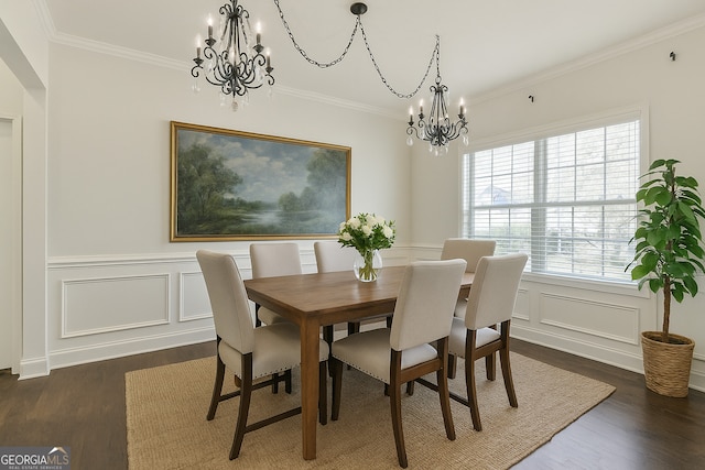 97 Fieldstone Ln, Dallas, GA 30132 - dining room with a chandelier, wood finished floors, a decorative wall, crown molding, and a wainscoted wall