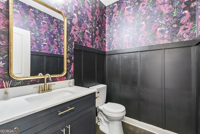 97 Fieldstone Ln, Dallas, GA 30132 - half bath with wallpapered walls, vanity, and wood finished floors