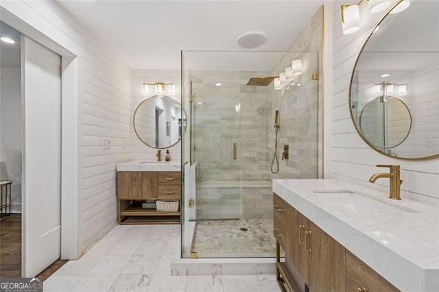 5785 Timberlane Ter, Sandy Springs, GA 30328 - full bath with two vanities, a shower stall, a sink, and marble finish floor
