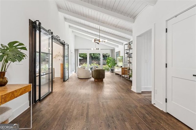5785 Timberlane Ter, Sandy Springs, GA 30328 - hall featuring dark wood-type flooring, lofted ceiling with beams, baseboards, and a barn door