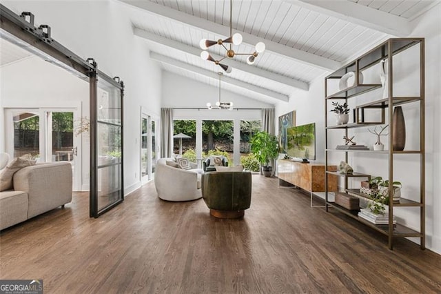5785 Timberlane Ter, Sandy Springs, GA 30328 - living room featuring beam ceiling, a chandelier, french doors, and wood finished floors