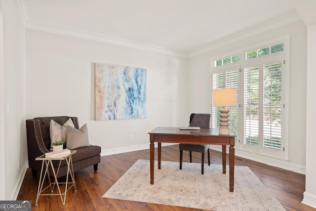 office area with crown molding, dark wood-style flooring, and a healthy amount of sunlight