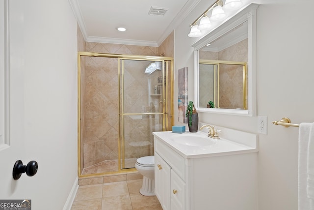 full bath with vanity, ornamental molding, a stall shower, and toilet